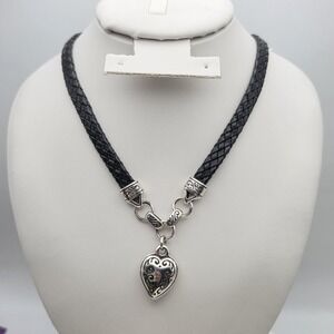 BRIGHTON Puffy Heart Necklace Leather Braided Black Cord Silver Plated 20"‎